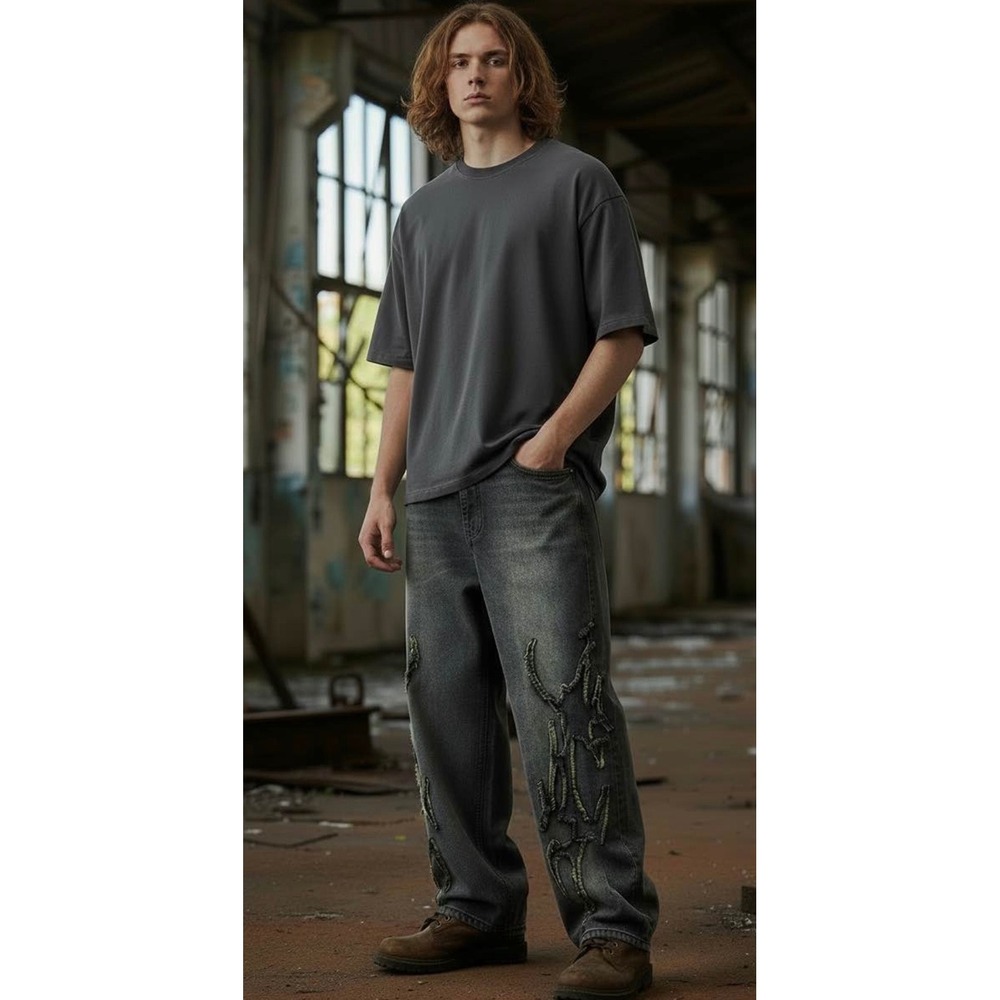 BoohooMAN Mens 30 Black Baggy Distressed Tribal-Applique Jeans Acid-Wash